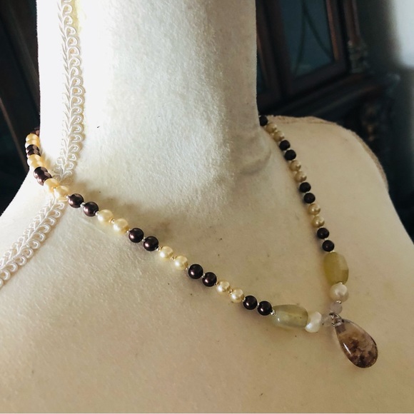 Handcrafted repurpose genuine ghost quartz pendant Czech glass Pearl necklace - Picture 4 of 16